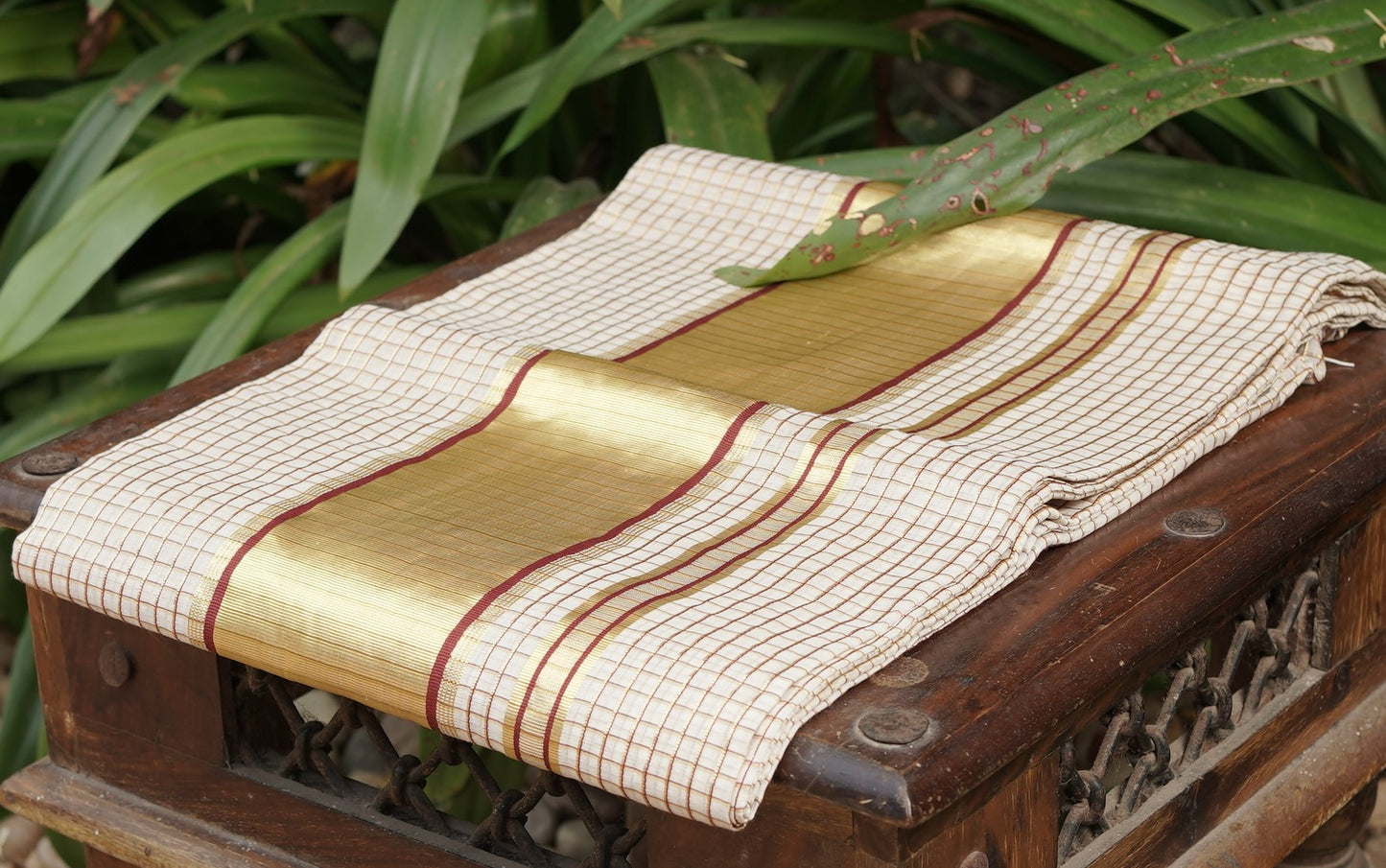 Pure Cotton Kerala Kasavu Check Design Saree With Maroon Border