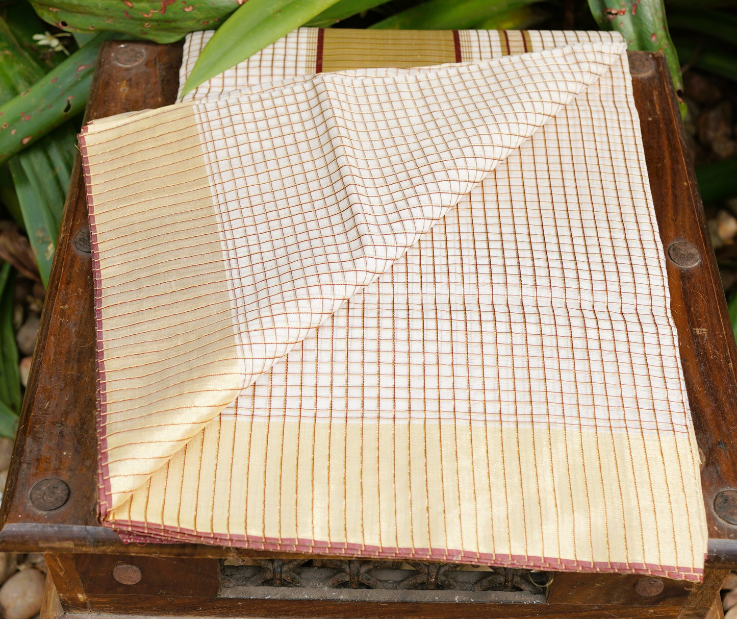 Pure Cotton Kerala Kasavu Check Design Saree With Maroon Border