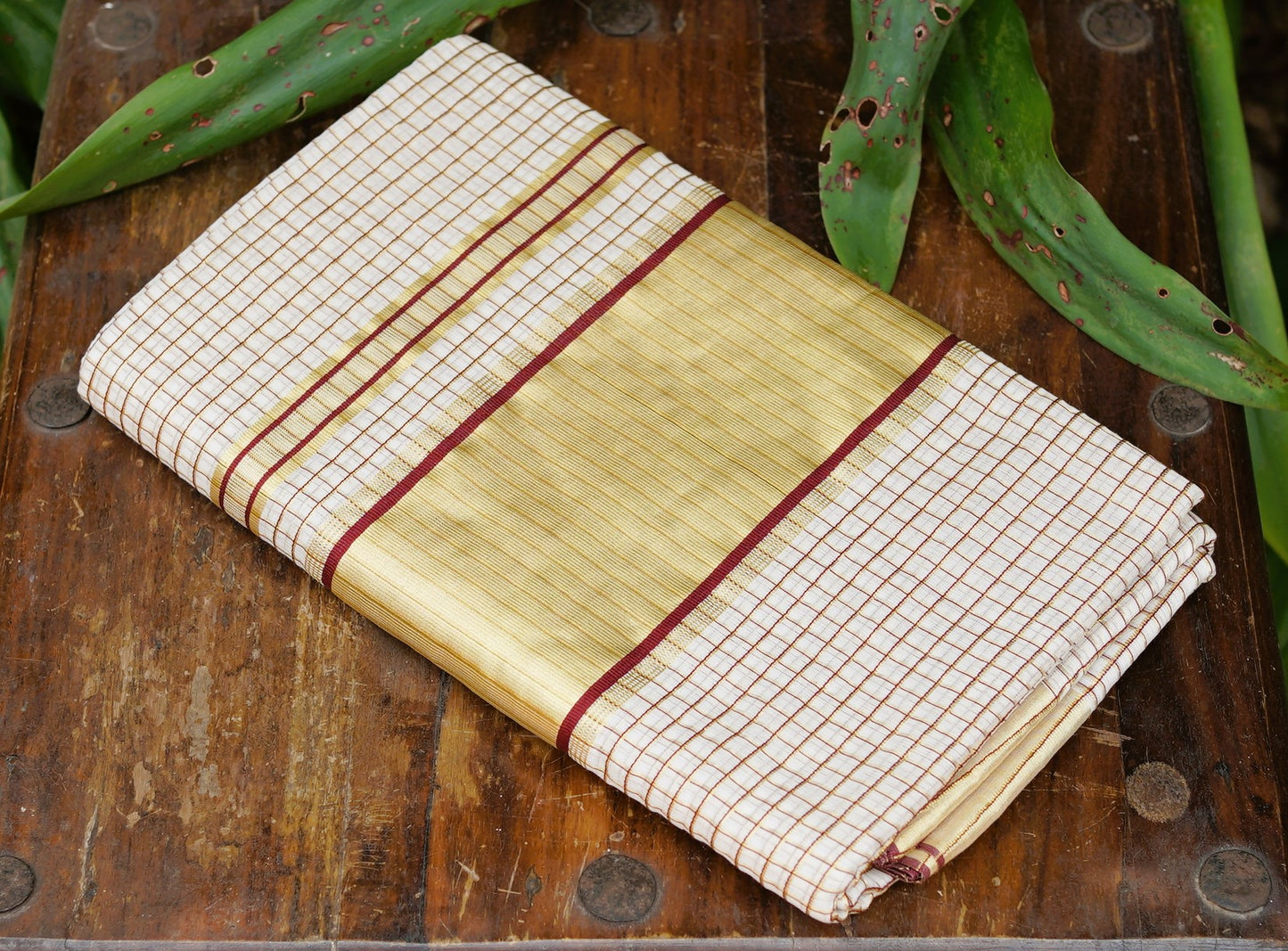 Pure Cotton Kerala Kasavu Check Design Saree With Maroon Border