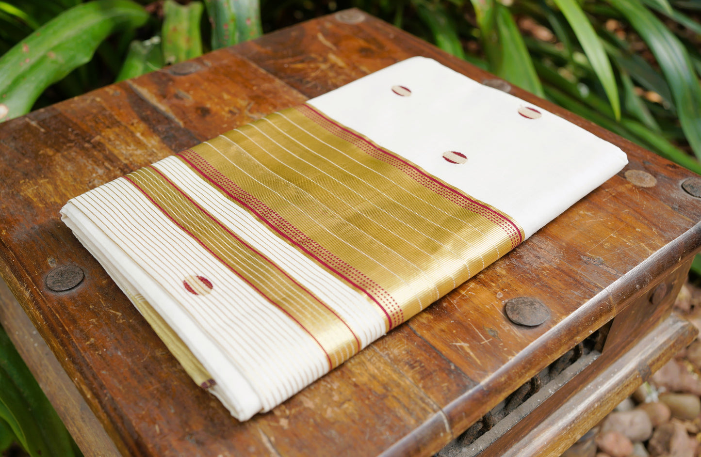 Pure Cotton Polka Dot Handloom Finish Kasavu Saree