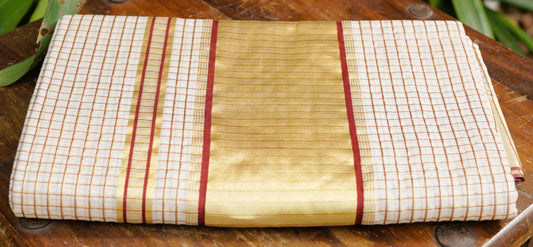 Pure Cotton Kerala Kasavu Check Design Saree With Maroon Border